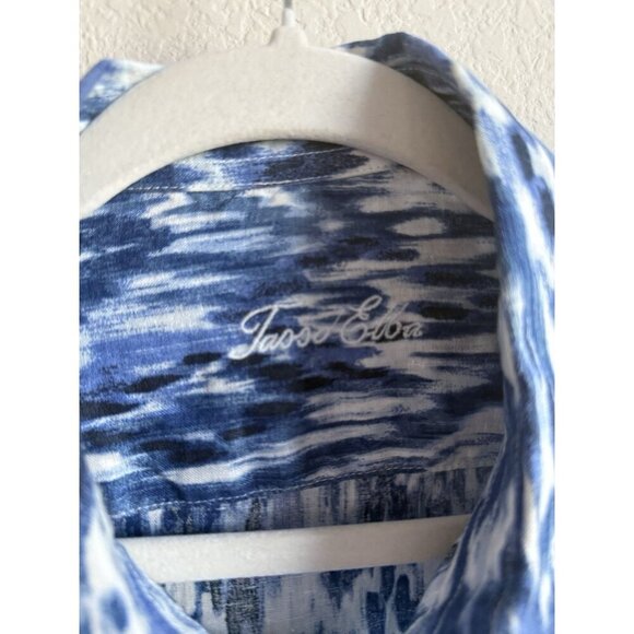 Tasso Elba Men Large Blue Utata Ikat Tie Dye Button Up Linen Short Sleeve Shirt - Picture 4 of 12